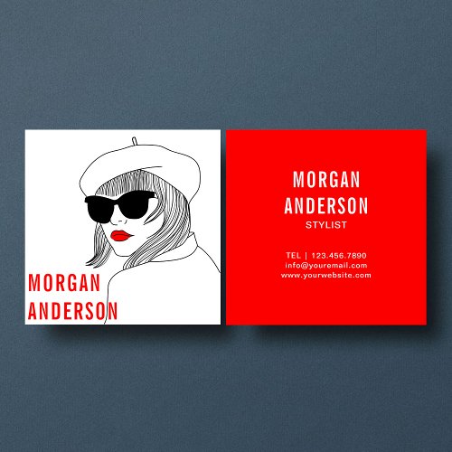 Unique women Linear Design Red  White  Square Business Card