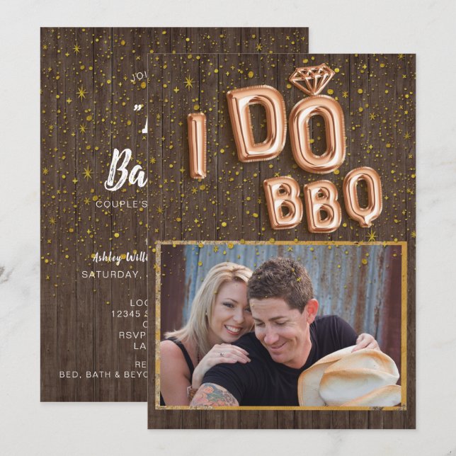 Unique Wood Gold Foil Balloon Text I Do BBQ Photo Invitation (Front/Back)