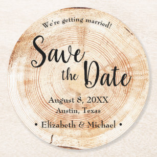 Unique Wood Grain Rustic Wedding Save the date Round Paper Coaster