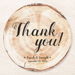 Unique Wood Grain Rustic Wedding Thank You Round Paper Coaster