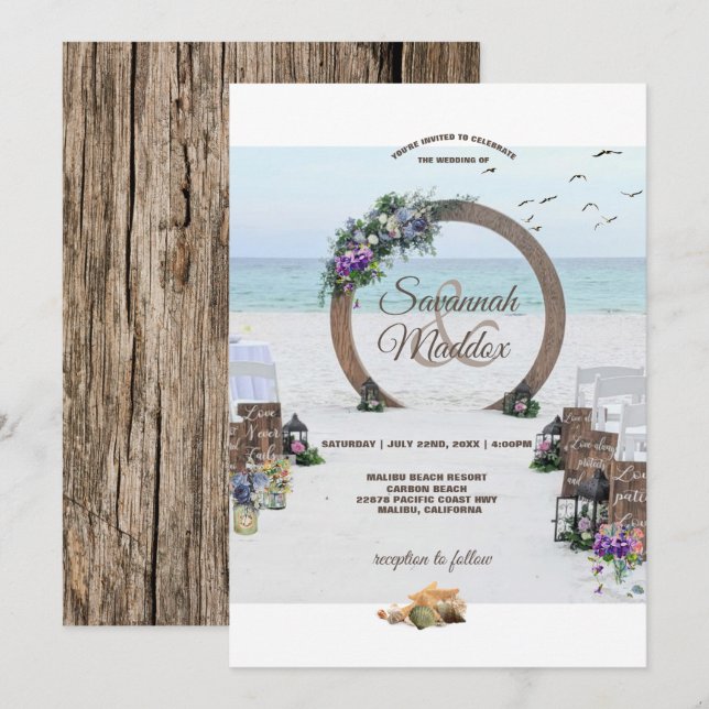 Unique Wooden Arbor Beach Flowers Wedding Invitation (Front/Back)