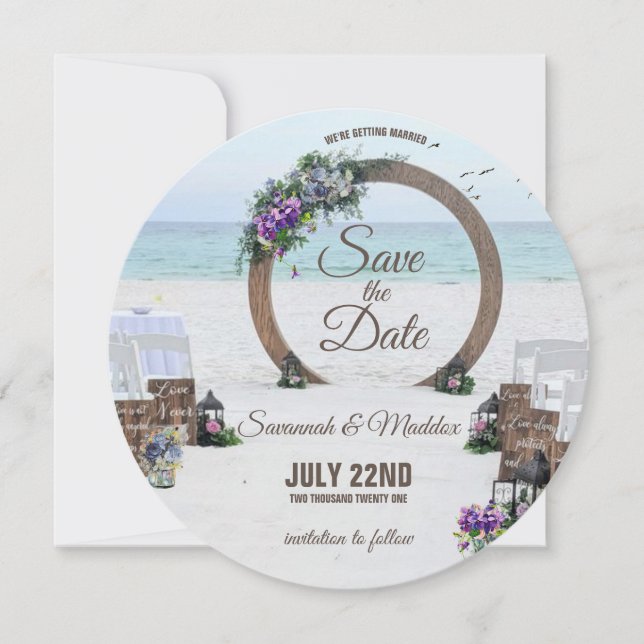 Unique Wooden Arbor Beach Flowers Wedding Save The Date (Front)