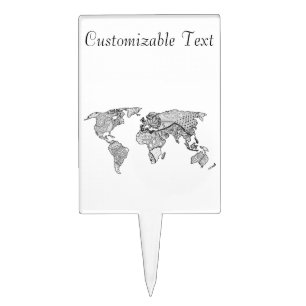 Unique World Map Art Doodle Cake Topper