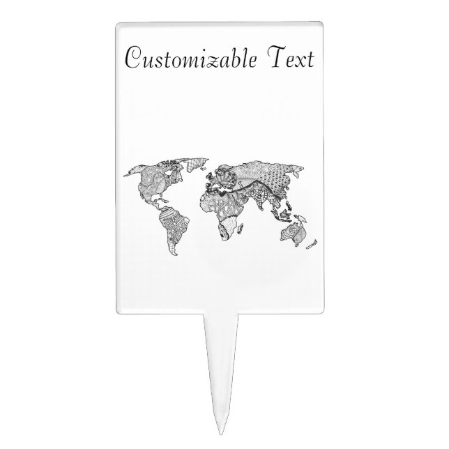 Unique World Map Art Doodle Cake Topper (Front)