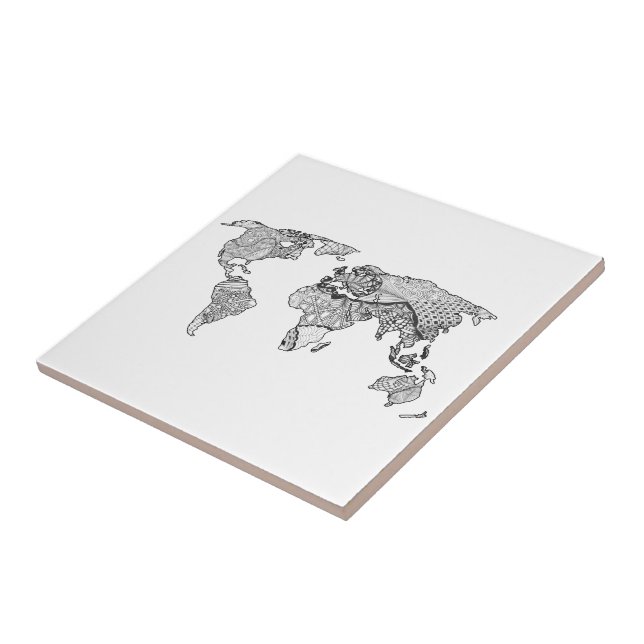 Unique World Map Art Doodle Ceramic Tile (Side)