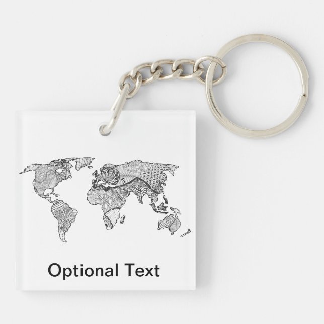 Unique World Map Art Doodle Keychain (Back)