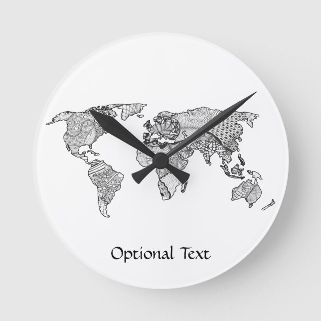 Unique World Map Art Doodle Round Clock (Front)
