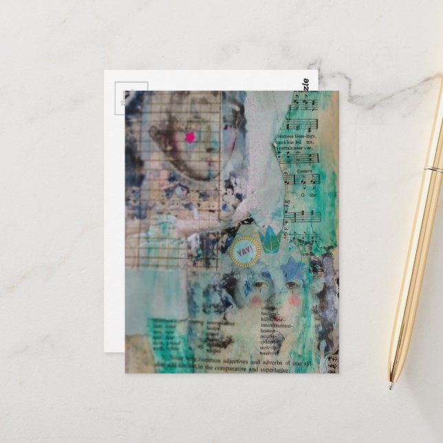 Unique YAY person mixed media Collage Postcard (Front/Back In Situ)