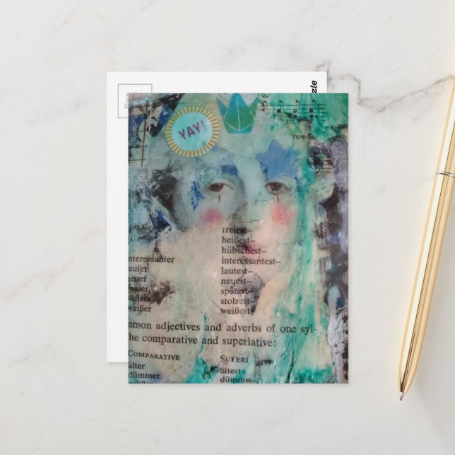 Unique YAY person mixed media Collage Postcard (Front/Back In Situ)