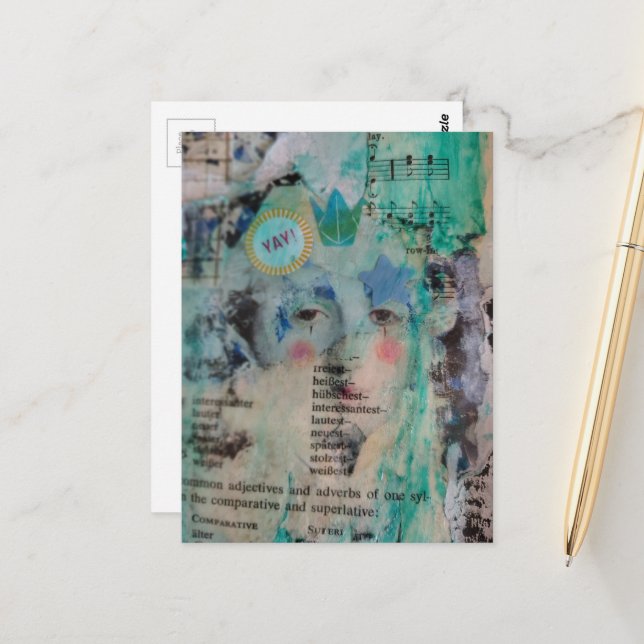 Unique YAY person mixed media Collage sheet music Postcard (Front/Back In Situ)