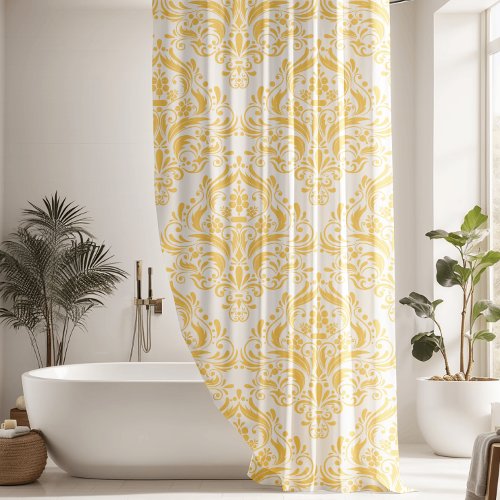 Unique Yellow  White Classic Damask Pattern Shower Curtain