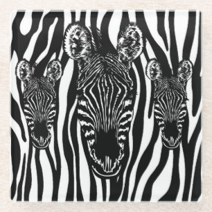 Unique Zebra Head on Zebra Print Glass Coaster