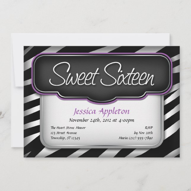 Unique Zebra Print "Sweet Sixteen" Invitations (Front)