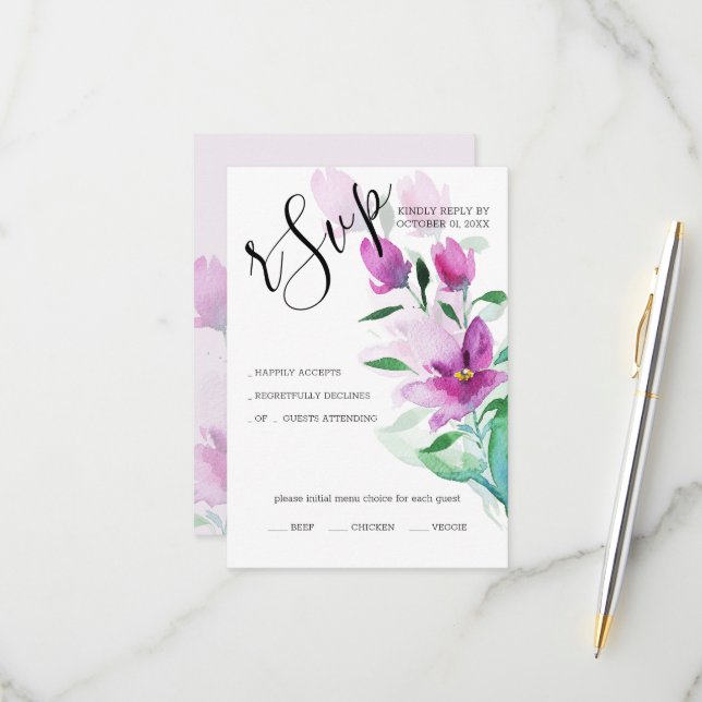 Uniqueness Of Violet Pink Watercolor Art Flowers RSVP Card (Front/Back In Situ)