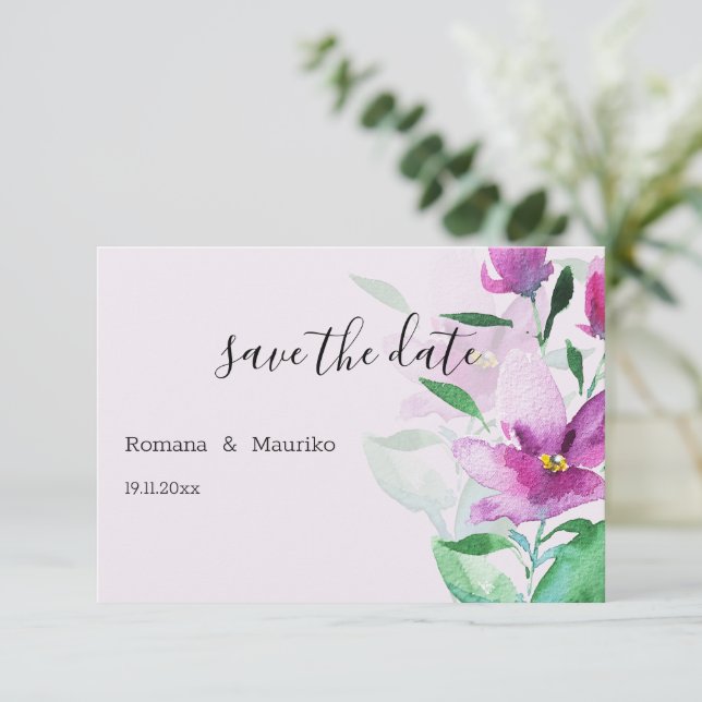 Uniqueness Of Violet Watercolor Art Flowers Save The Date (Standing Front)
