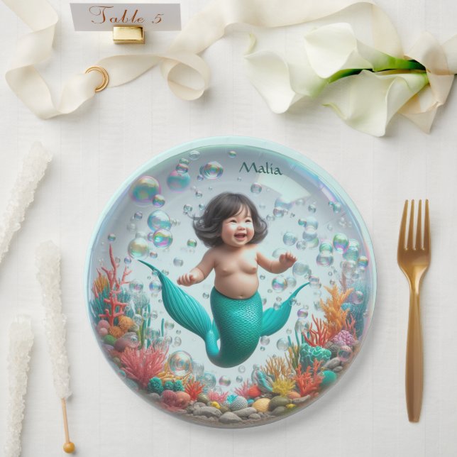 Unisex Asian Baby Mermaid Bubble Paper Plates (Wedding)