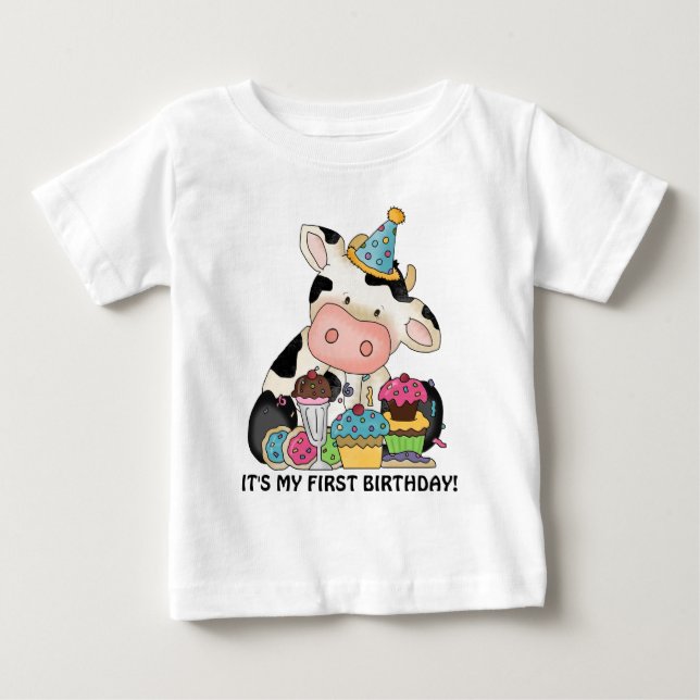 Unisex baby cow First Birthday t-shirt (Front)