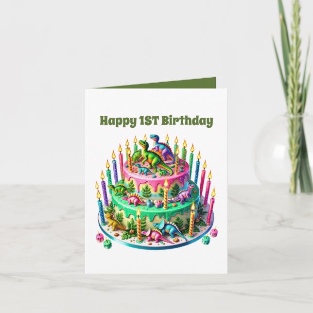 Unisex baby's first Birthday dinosaur cake  Card (Front)