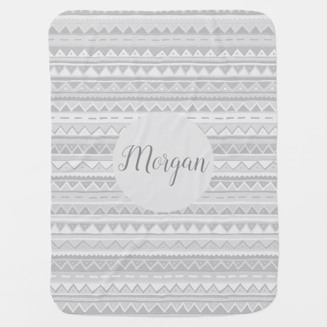 Unisex Cute Gray Tribal Zigzag Pattern with Name Baby Blanket (Front)