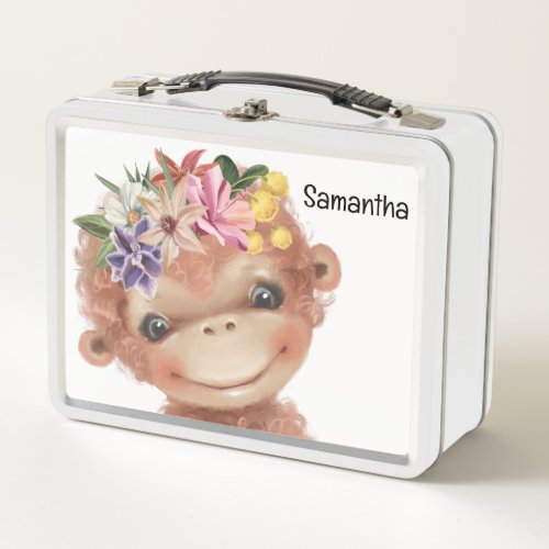 Unisex cute safari monkey jungle greenery print metal lunch box