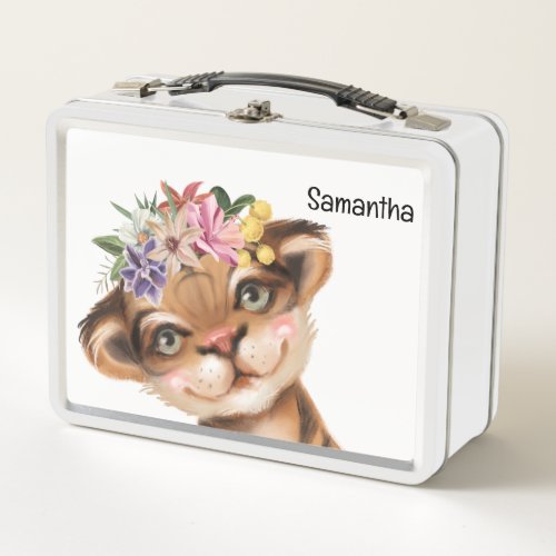 Unisex cute safari tiger cat jungle greenery print metal lunch box