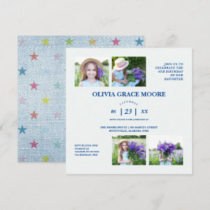 Unisex Denim Multicolored Stars Children Birthday Invitation