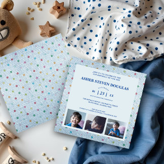 Unisex Denim Polka Dots 3 Photos Kids Birthday Invitation