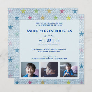 Unisex Denim Stars Three Photos Children Birthday Invitation