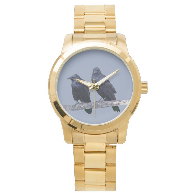 Unisex Oversized Gold Bracelet Watch w/ ravens (Front)