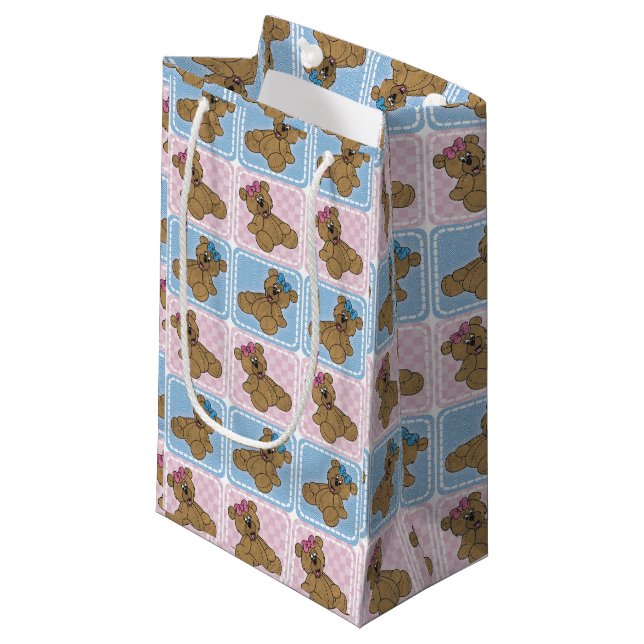 Unisex Pink and Blue Baby Teddy Bears Small Gift Bag (Front Angled)