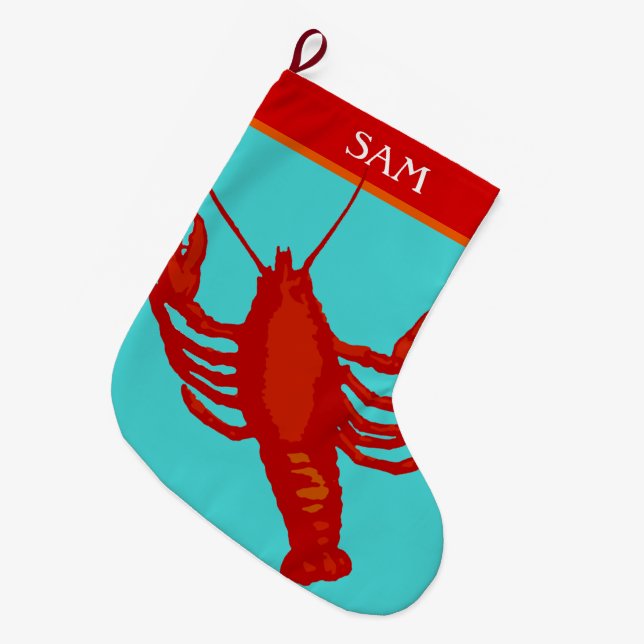 Unisex Red Lobster Crustacean Personalized Large Christmas Stocking (Front (Hanging))