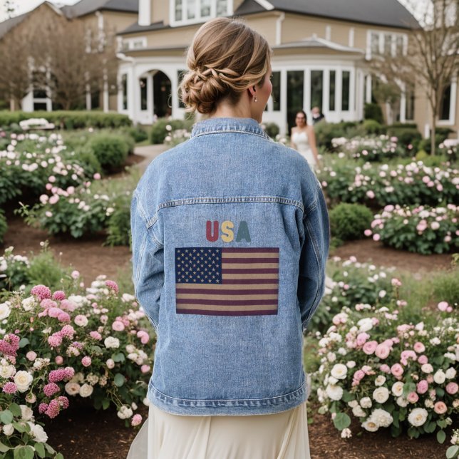 Unisex USA Retro Grunge American Flag Denim Jacket (Wedding Back)