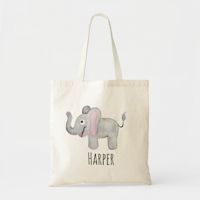 Unisex Watercolor Baby Elephant Safari and Name Tote Bag (Front)
