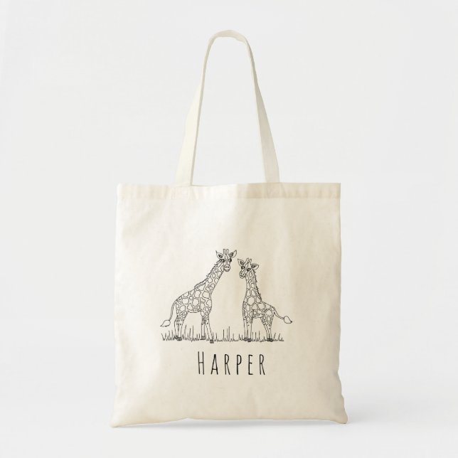 Unisex Watercolor Baby Giraffe Safari and Name Tote Bag (Front)