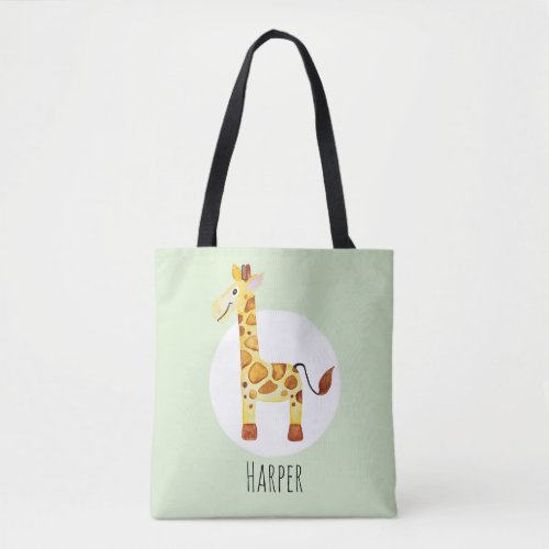 Unisex Watercolor Baby Giraffe Safari with Name Tote Bag