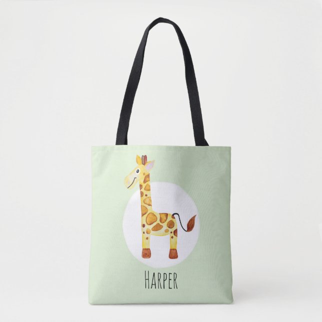 Unisex Watercolor Baby Giraffe Safari with Name Tote Bag (Front)