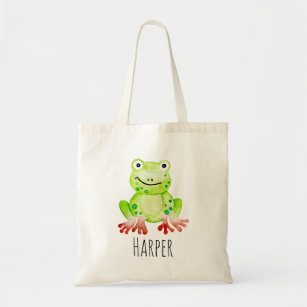 Unisex Watercolor Baby Jungle Frog and Name Tote Bag