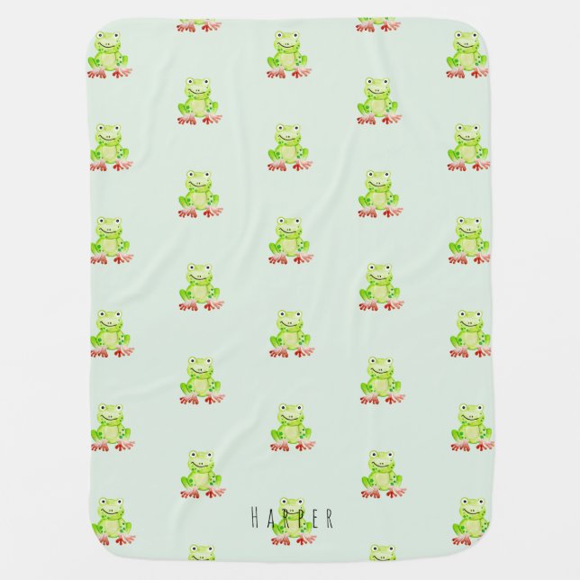 Unisex Watercolor Jungle Frog Pattern Dots Name Baby Blanket (Front)