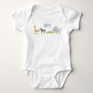 Unisex Watercolor Safari Animal Parade with Name Baby Bodysuit