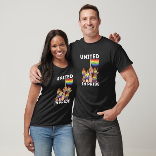 United In Pride White Font LGBTQIA Black T_Shirt