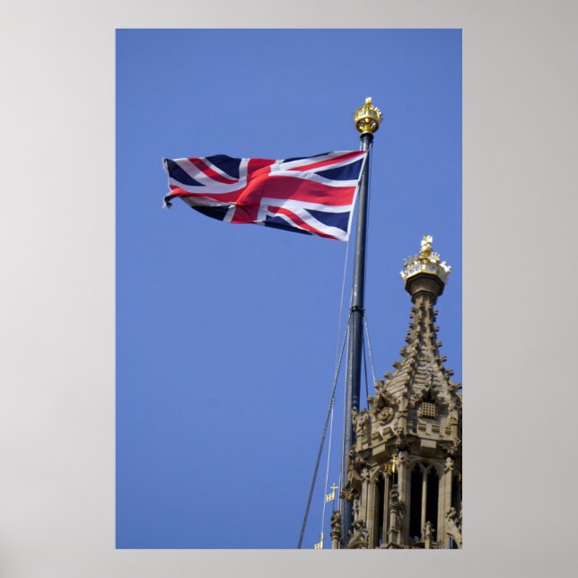 United Kingdom flag flying above Westminster. Poster (Front)