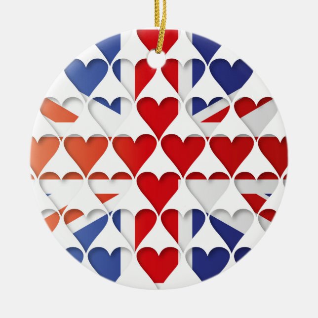 United Kingdom Great Britain Flag Hearts Ceramic Ornament (Front)