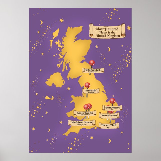 United Kingdom Most Haunted Places Map. Poster (Front)