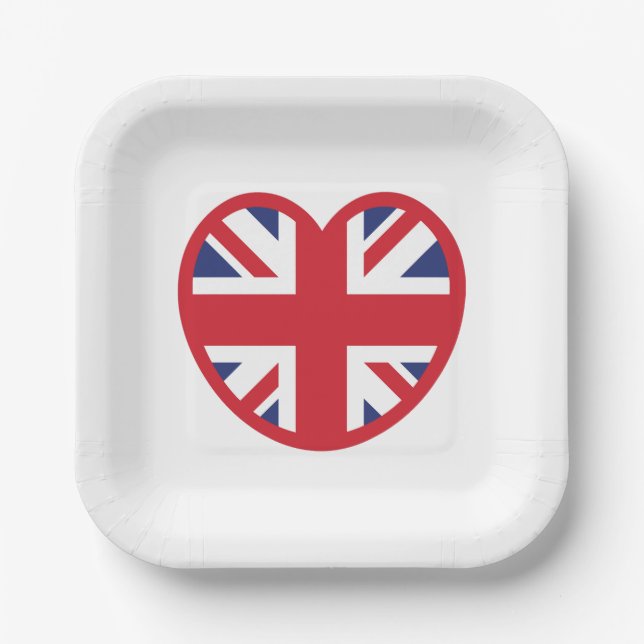 United Kingdom Union Jack Flag Heart Paper Plates (Front)