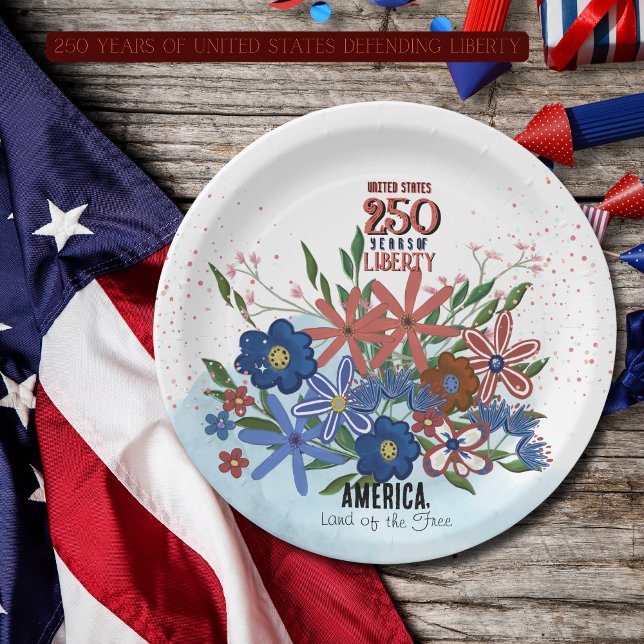 United States 250 Years Floral Patriotic  Paper Plates (United States 250 Years Floral Patriotic Paper Plates)