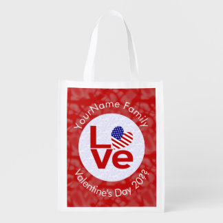 United States America Red LOVE Flag Personalized Grocery Bag