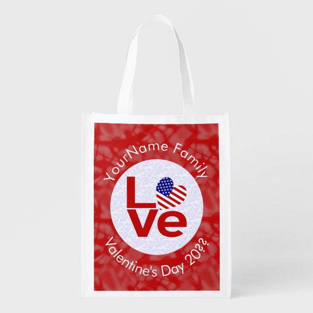 United States America Red LOVE Flag Personalized  Grocery Bag (Front)