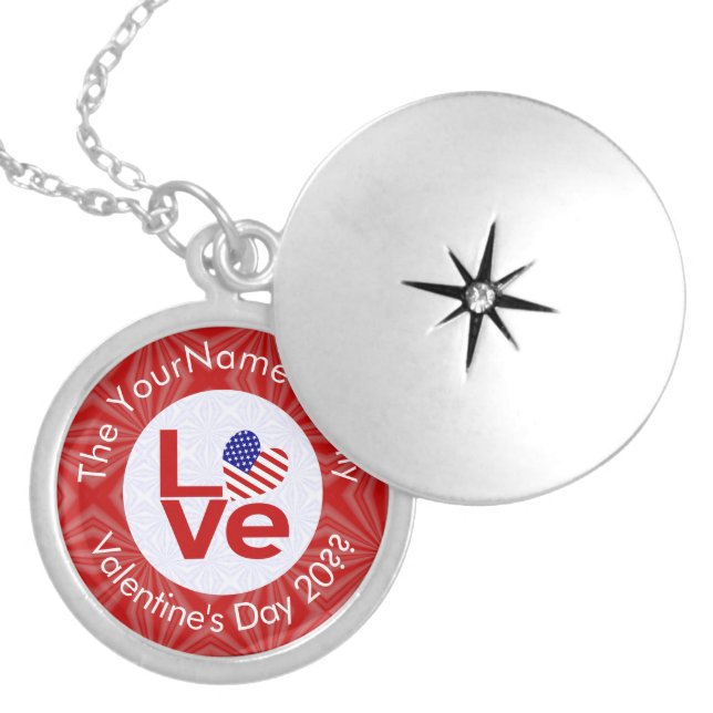 United States America Red LOVE Flag Personalized  Locket Necklace (Front)