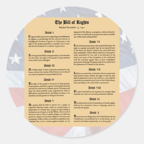 United States Bill of Rights Classic Round Sticker