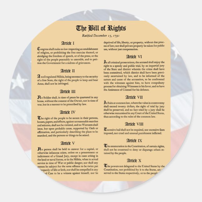 United States Bill of Rights Classic Round Sticker (Front)